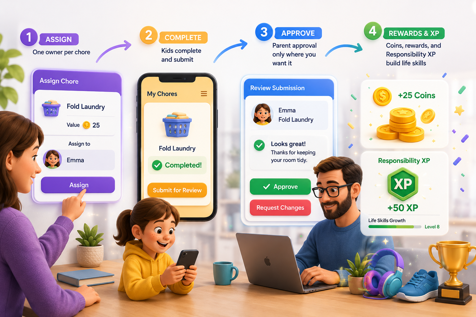 Assign, complete, approve, and grow — the Family Chores workflow.