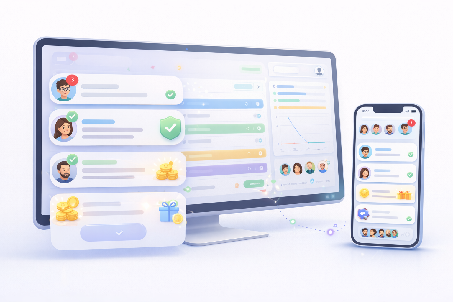 Family Chores Game interface highlighting notifications, approvals, and rewards across desktop and mobile.