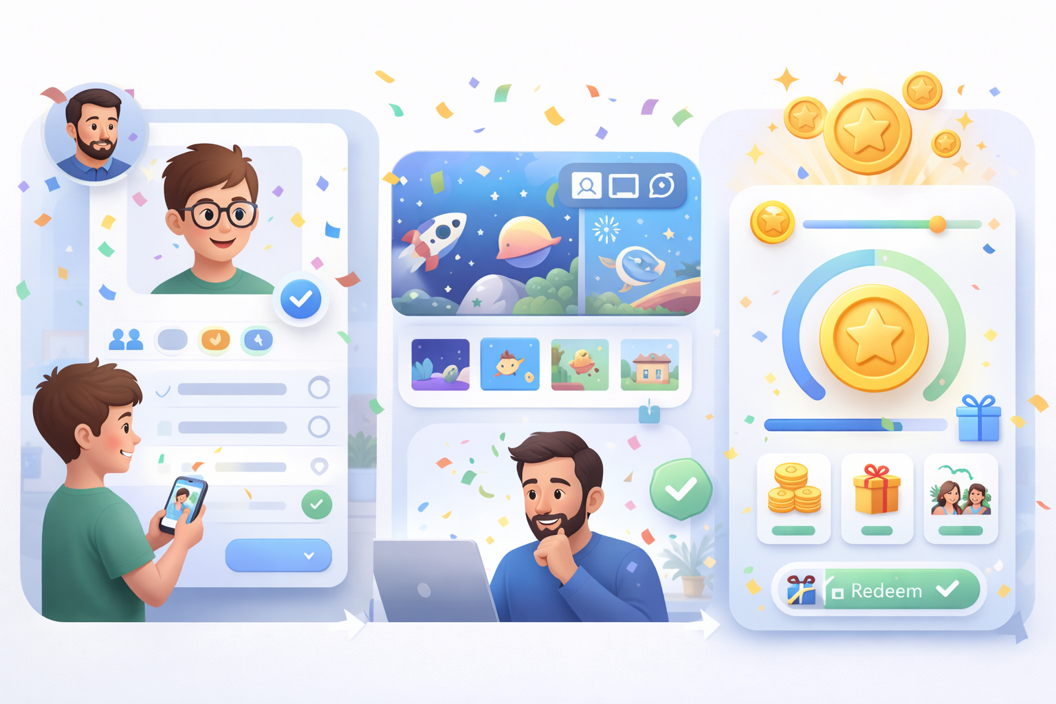 Illustrated product flow showing profile personalization, family communication, and rewards redemption.